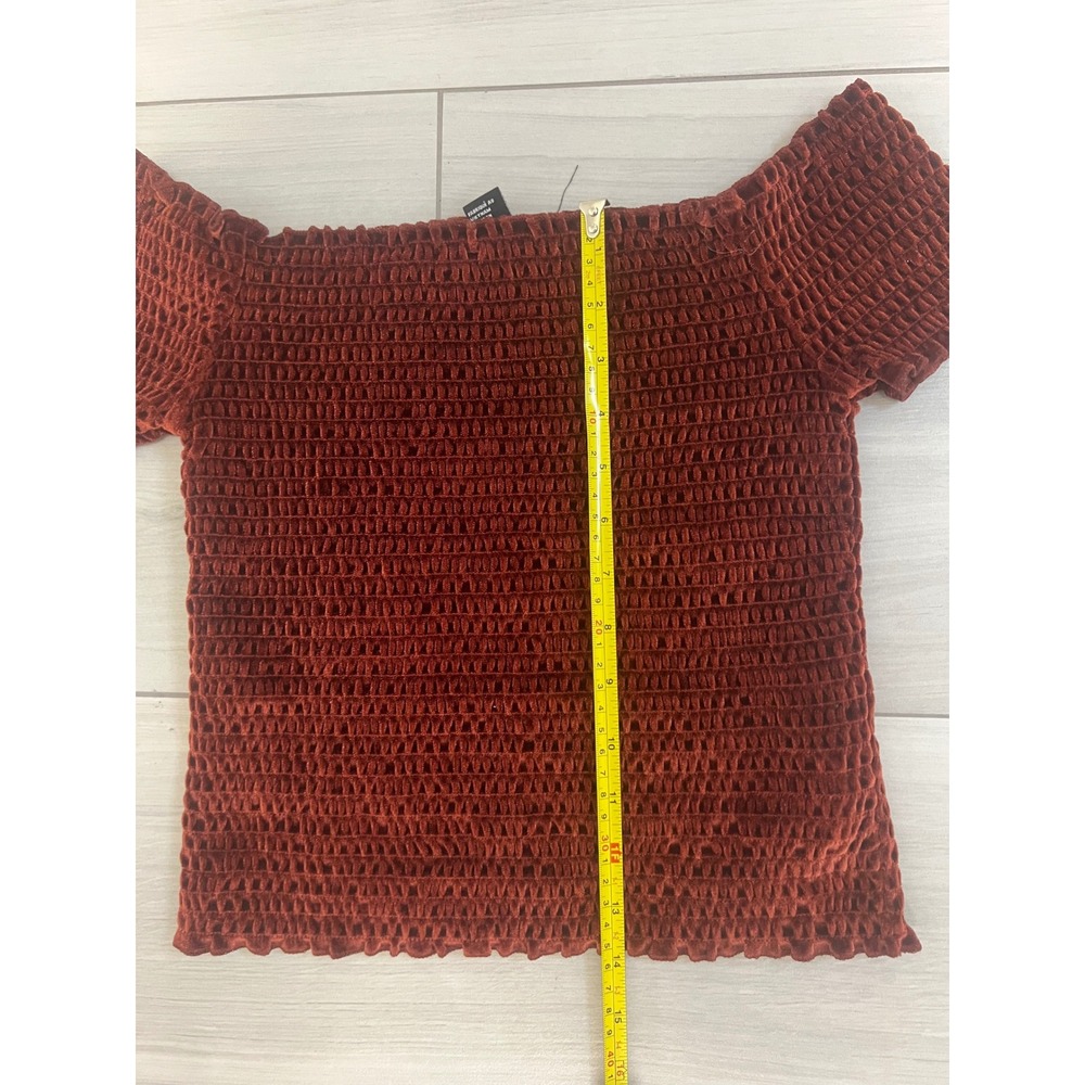 Retro Y2K Smocked Crop Top Rust Orange Velvet Short Sleeve Sz XS Festival Party - Picture 5 of 6